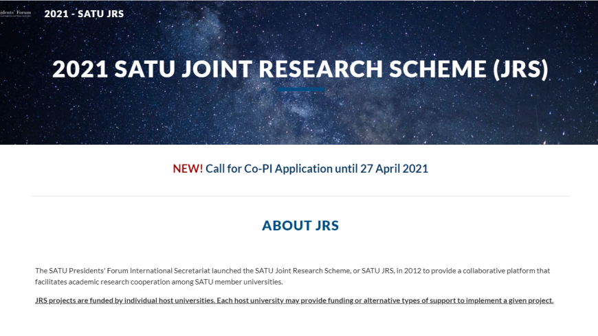 【SATU – 2021 Joint Research Scheme (JRS) Call for Co-Principal Investigators (Co-PIs)】