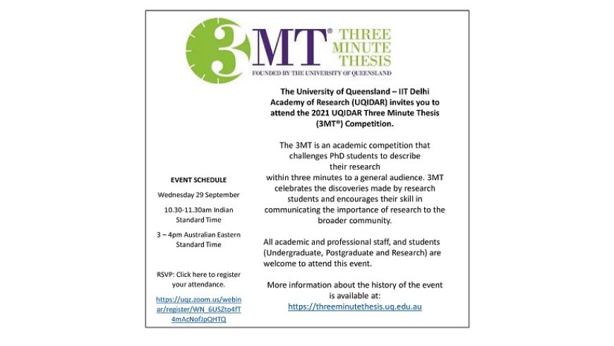 Invitation to virtual UQIDAR Three Minute Thesis (3MT®) Competition