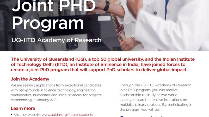 The University of Queensland – IIT Delhi Academy of Research (UQIDAR) joint PhD program : Inviting Applications