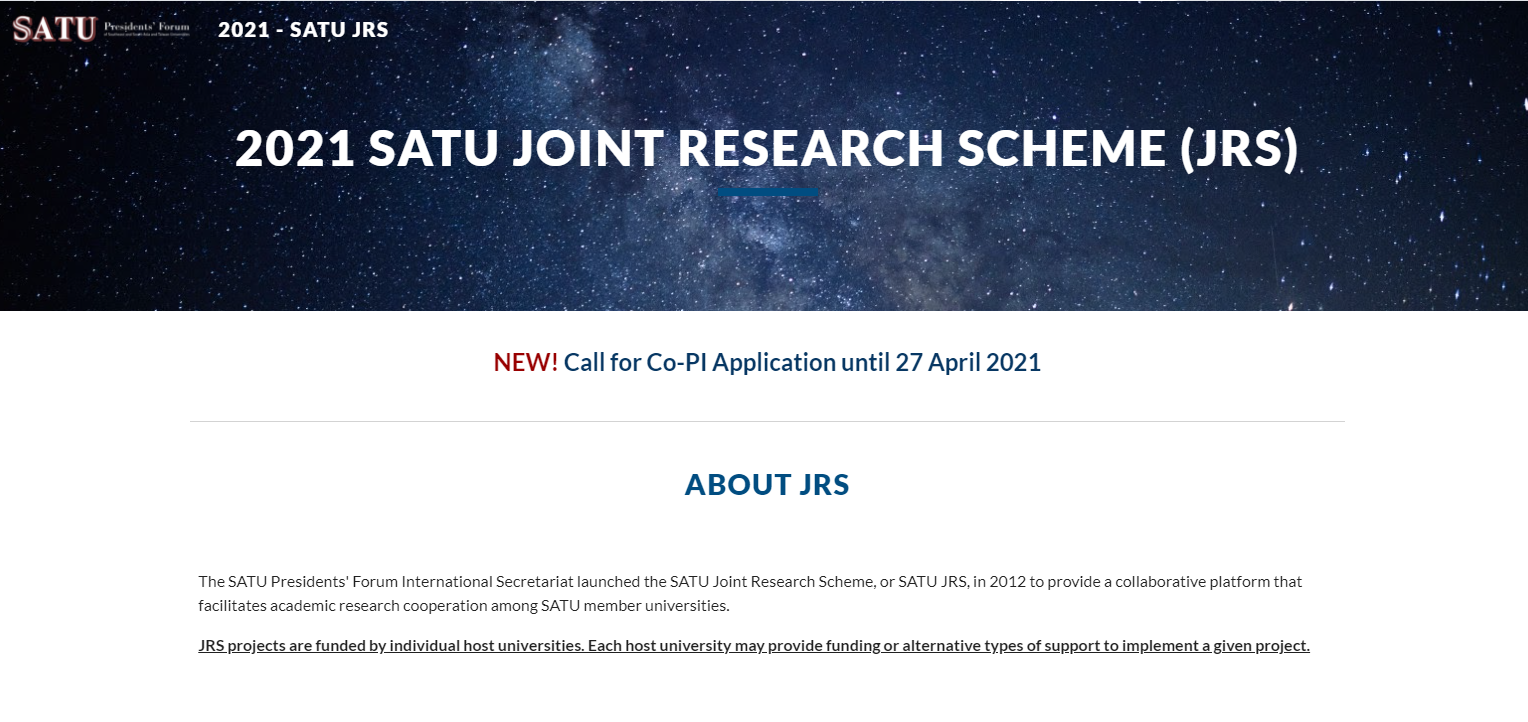 【SATU – 2021 Joint Research Scheme (JRS) Call for Co-Principal Investigators (Co-PIs)】