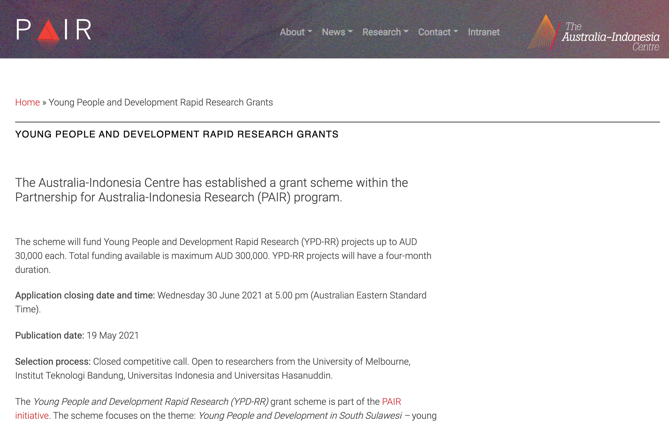 AIC PAIR – Young People and Development Rapid Research Grant