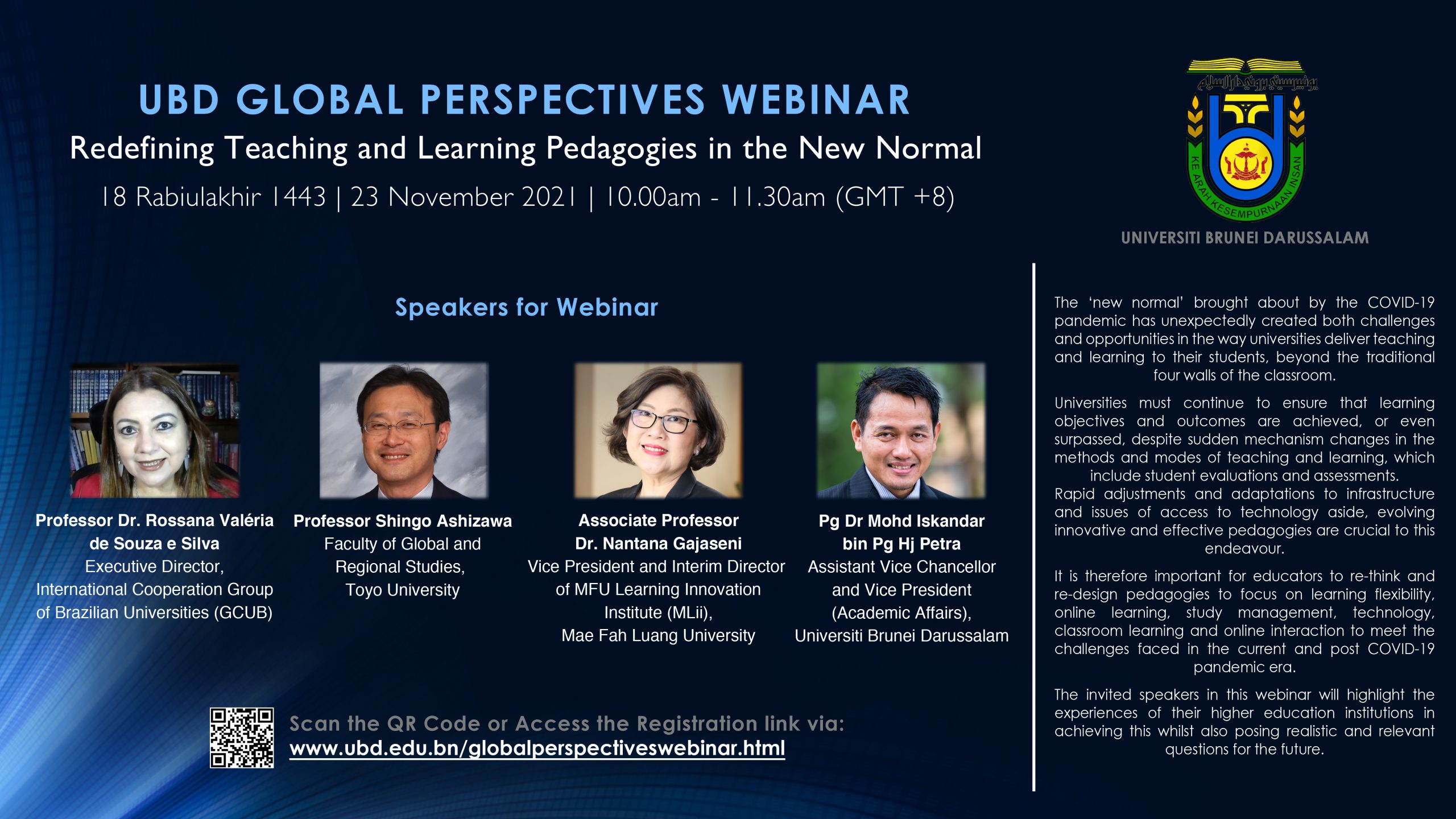 Invitation to UBD Global Perspectives Webinar: Redefining Teaching Learning Pedagogies in the New Normal on 23 Nov 2021, 10am to 11.30am (GMT+8)