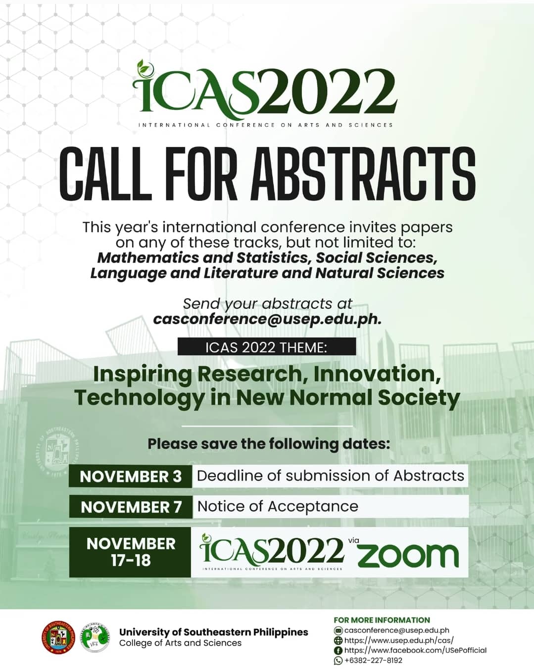 CALL FOR ABSTRACTS > USeP International Conference of Arts and Sciences (iCAS 2022)